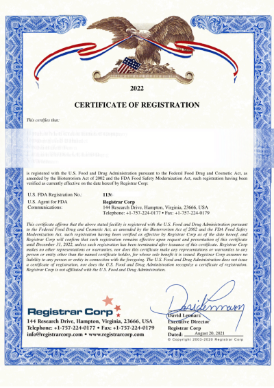 Certificate of Registration FDA